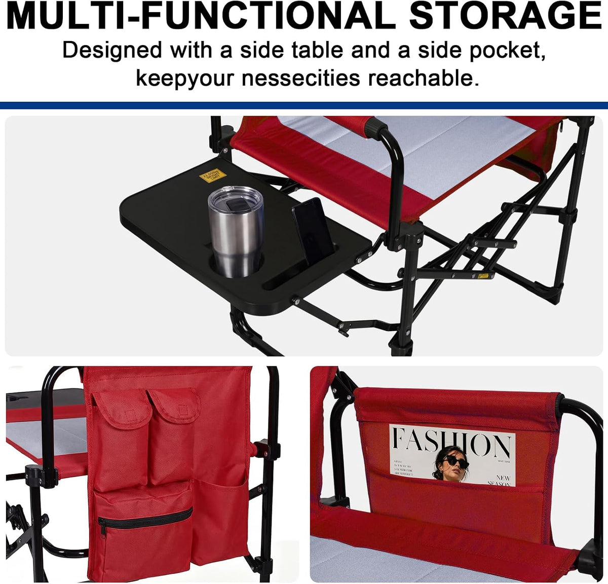 Romswi 2Pack Director Chairs for Outdoor, Folding Camping Chair, Compact Directors Chair Side Table and Side Bag, Heavy Duty Oversize Chair for Beach Fishing Picnic, Holds up to 400 lbs Red