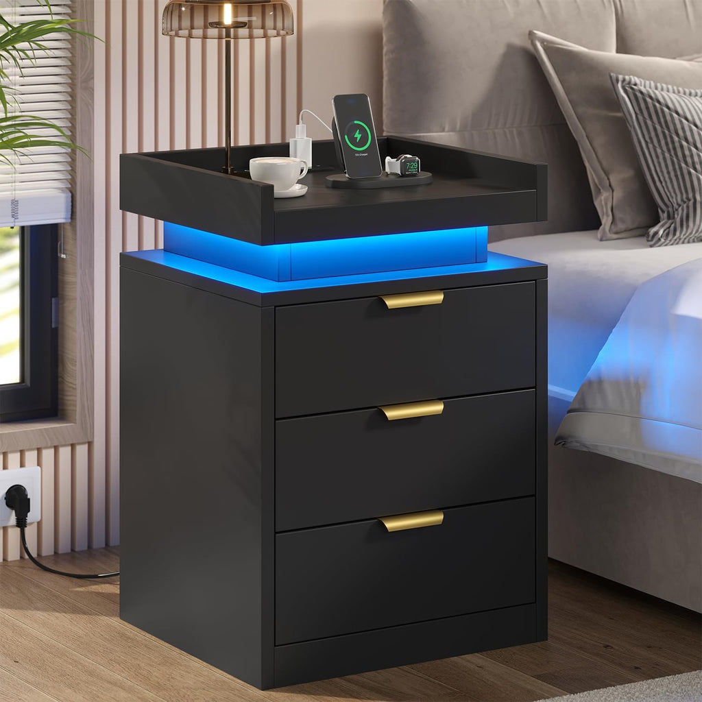 knoworld LED Nightstand with Charging Station & USB Ports, 3-Drawer Bedside Table with Adjustable RGB LED Lights, High-Gloss Modern Nightstands for Bedroom, Black