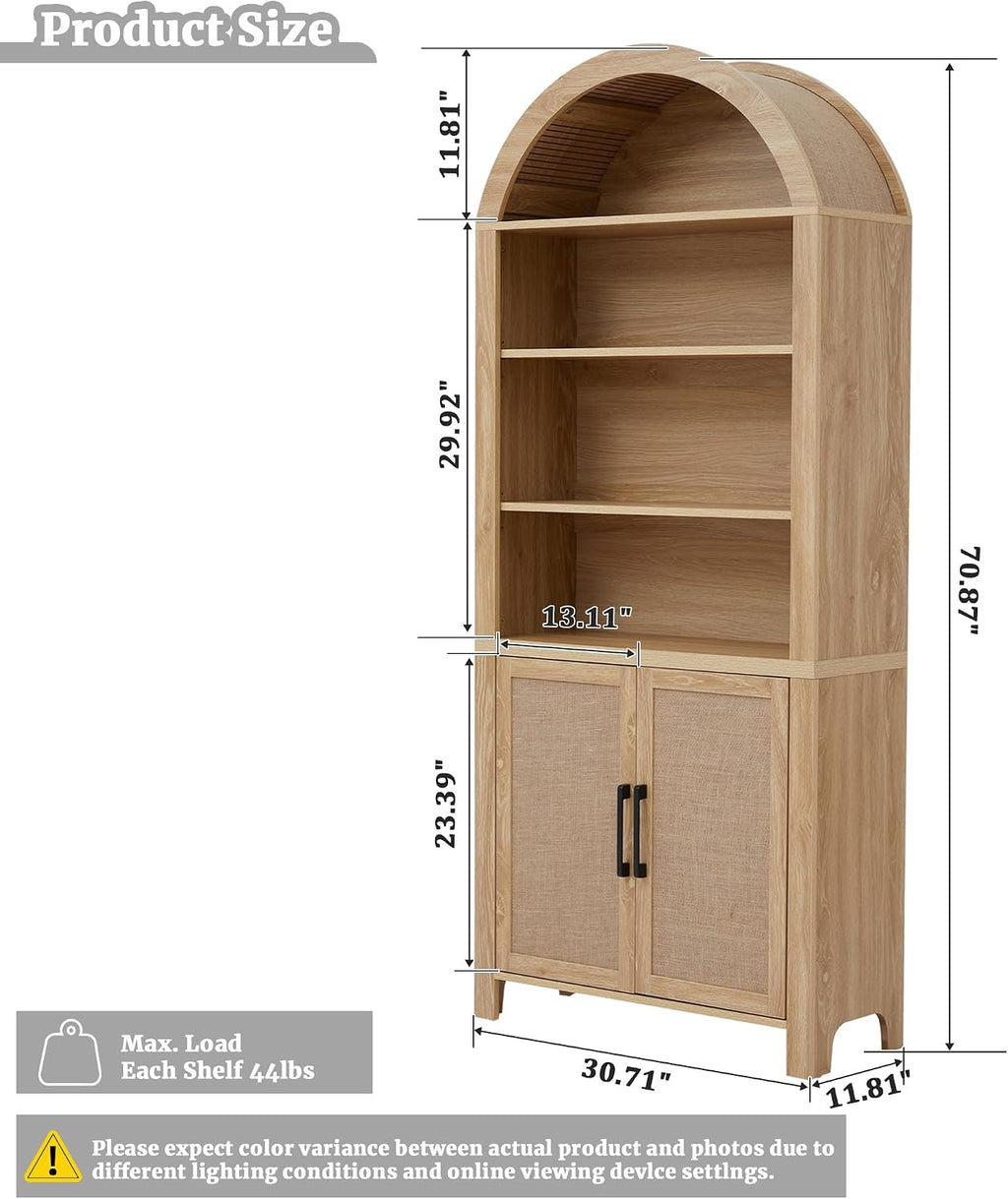 Janmer Home 71" Tall Boho Rattan Arched Bookcase with Doors, Natural