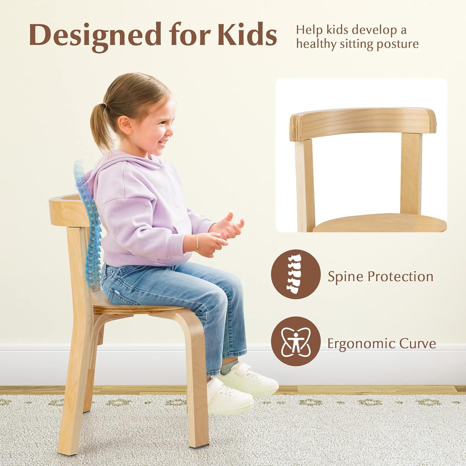 GLACER Kids Table and Chairs, Brich Round Toddler Table and Chair Set with Toy Bricks, Smooth Surfaces & Ergonomic Backrest, Activity Desk for Playroom, Classroom, Daycare, or Home Use (Natural)