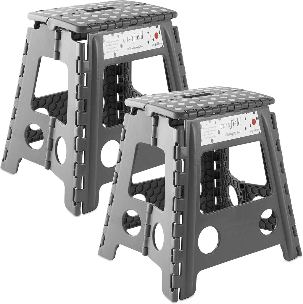 Casafield 16" Folding Step Stool with Handle (Set of 2), Gray - Portable Collapsible Small Plastic Foot Stool for Adults - Use in the Kitchen, Bathroom and Bedroom