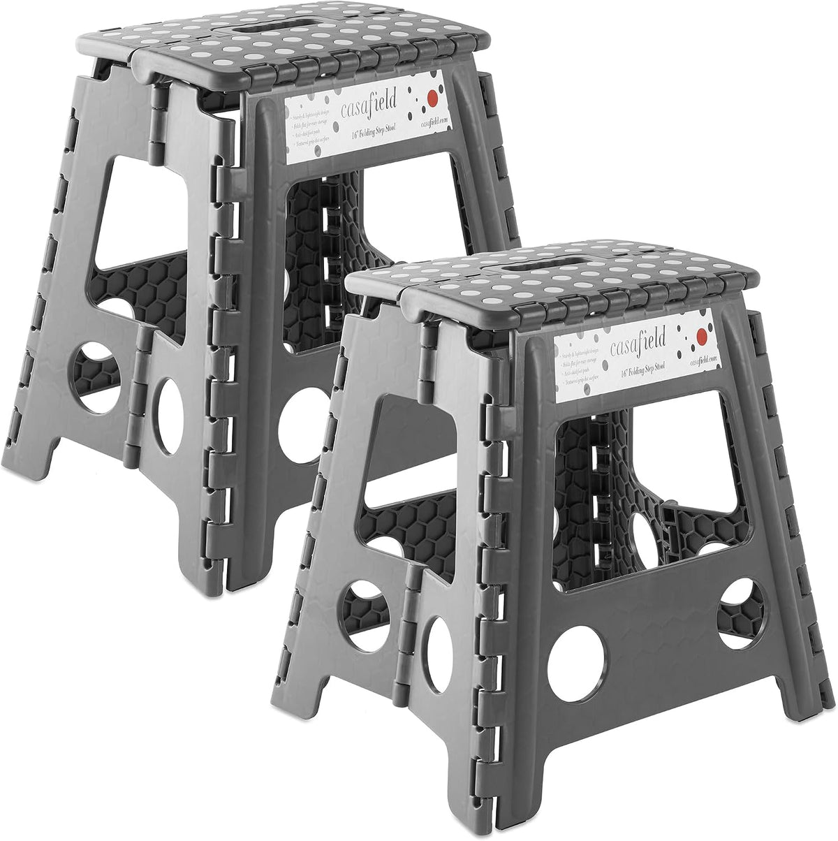 Casafield 16" Folding Step Stool with Handle (Set of 2), Gray - Portable Collapsible Small Plastic Foot Stool for Adults - Use in the Kitchen, Bathroom and Bedroom
