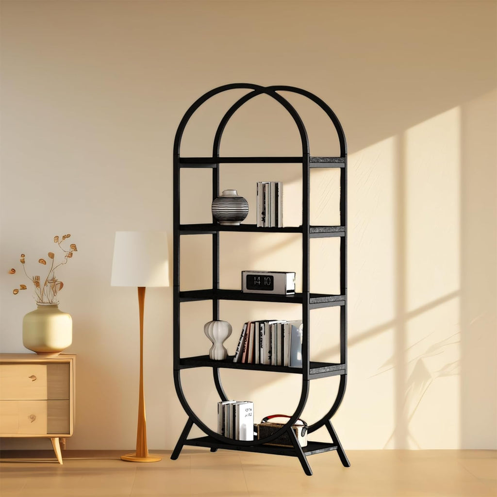 Arched Bookshelf,5-Tier Tall Wide Open Bookshelf,Modern Brown Storage Bookshelves, Freestanding Display Rack Shelving Unit for Office, Bedroom, Living Room, Easy Assembly, Black