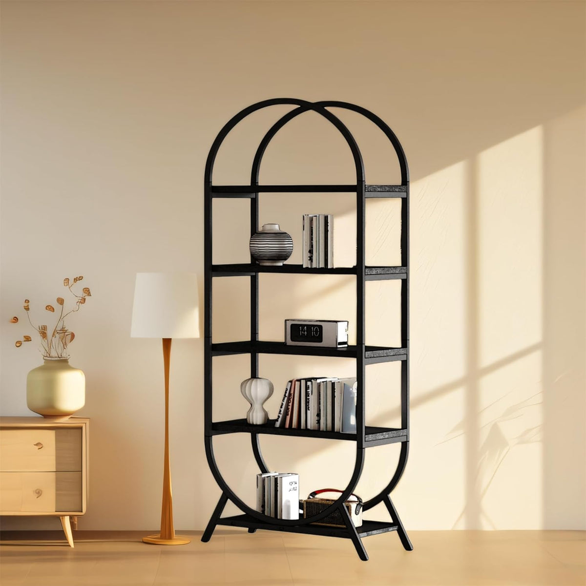 Arched Bookshelf,5-Tier Tall Wide Open Bookshelf,Modern Brown Storage Bookshelves, Freestanding Display Rack Shelving Unit for Office, Bedroom, Living Room, Easy Assembly, Black
