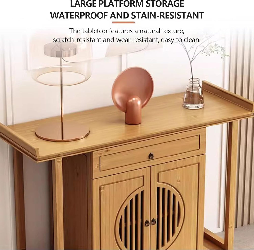 Personal Shrine Meditation Table with Storage Cabinet and Drawer | Pedestal Offering Stand Prayer Table, Sturdy Structure, For Living Room, Office(Brown,100cm/39.3in)