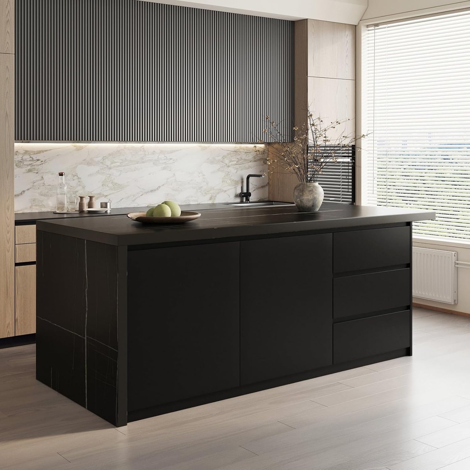 homary Kitchen Island with Storage & Wine Rack, 72" Modern Black Kitchen Cabinet with Wood Top, Large Fixed Island with 3 Drawers & 6 Adjustable Shelves, Without Bar Stools