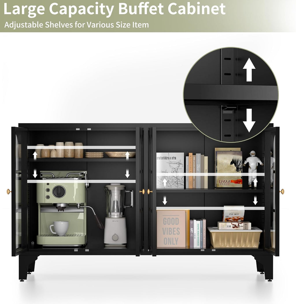 Foreate Sideboard Buffet Cabinet with Glass Door & LED Light, 53.2" Large Buffet Cabinet with Storage & Adjustable Shelf, Farmhouse Sideboard Credenzas Metal Kitchen Buffet, Black