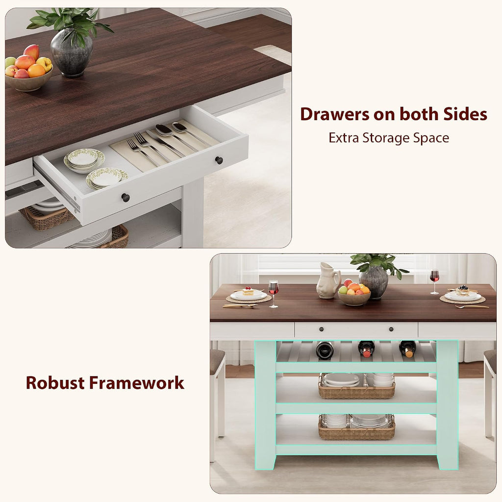 Garvee Counter Height Dining Table with 2 Drawers, 36" Farmhouse Wooden Large Bar Kitchen Table with Wine Rack & 3 Shelves, Rectangular, Thick Frame for Kitchen, Bar & Entertaining, Retro White Brow