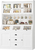 HIFIT 71.4” H Kitchen Hutch Pantry Cabinet with 3 Bread Boxes&7 Metal Hooks | Farmhouse Kitchen Hutch Cabinet with Storage and Glass Doors for Living Dining Room, Home Office, White