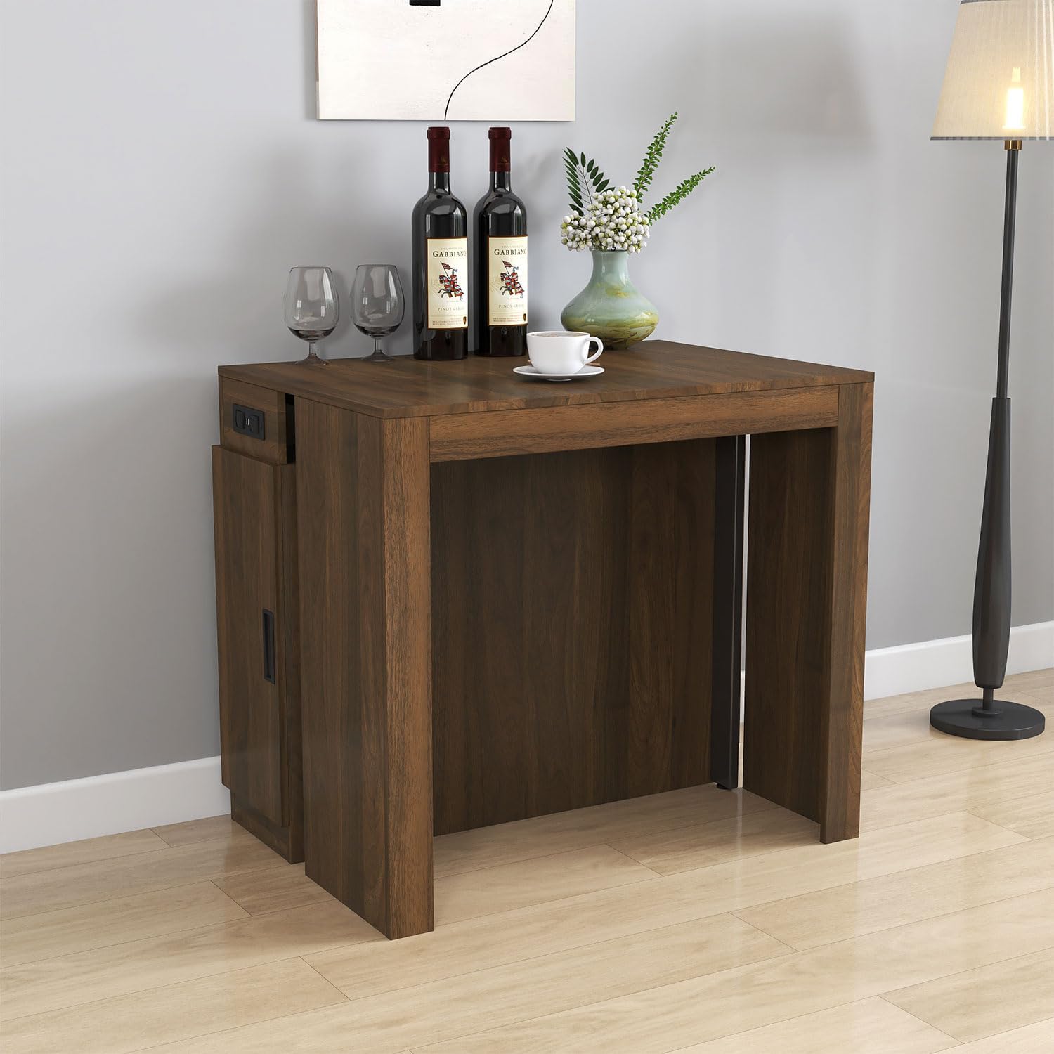 Modern Extendable Dining Table with Built-in Outlet – Seats 2 to 12 People, Space Saving Console to Full-Size Table with 5 Extension Panels & Storage, Kitchen Table for Dining Room, Meeting, Party