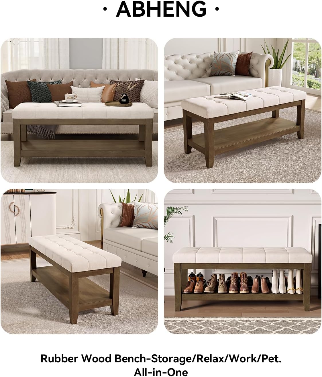 ABHENG Solid Rubber Wood Shoe Bench, Soft Chenille Material Upholstered Seat, 770LB Load Capacity, Multi-Storage for Entryway/Bedroom/Living Room, Vintage Style, 43.3"x15.7"x17.7", White,UASND65W