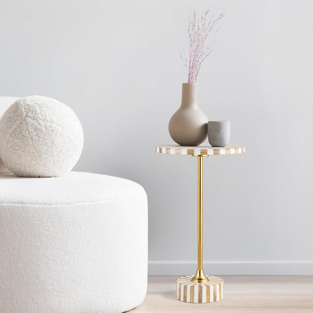 JONATHAN Y Calix 23.5" Round Sunburst Pedestal Drink Table, Light Brown | Modern Art Deco Style, Glossy Gold Metal Candlestick Leg, Ideal For Small Spaces, Living Room Or Bedroom, Spill-Proof Top