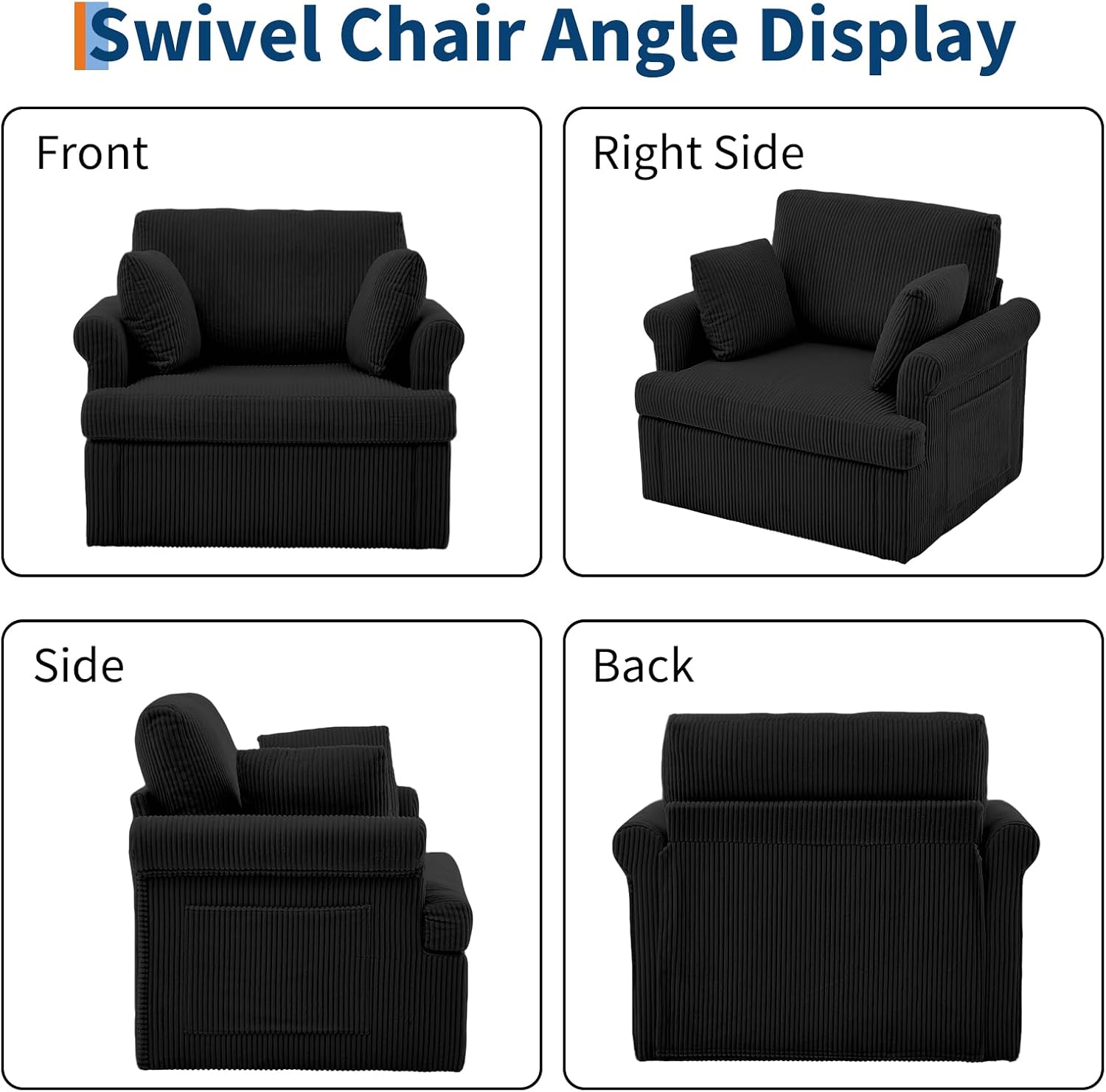 Garvee 39" Modern 360 °Swivel Accent Chair,Large Corduroy Accent Chairs with 2 Pillows,Comfy Upholstered Round Armchair Single Sofa for Living Room,Bedroom,Office,Reading,Black