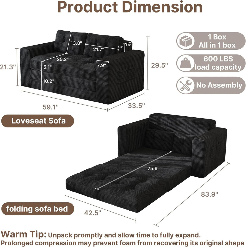 Gizoon Couch Bed Small Floor Couch 59" Convertible Sleeper Sofa | Folding Sofa Bed with 2 Pillows & Memory Foam, Corduroy Pull Out Couch for Small Spaces, Apartment, Living Room, Black