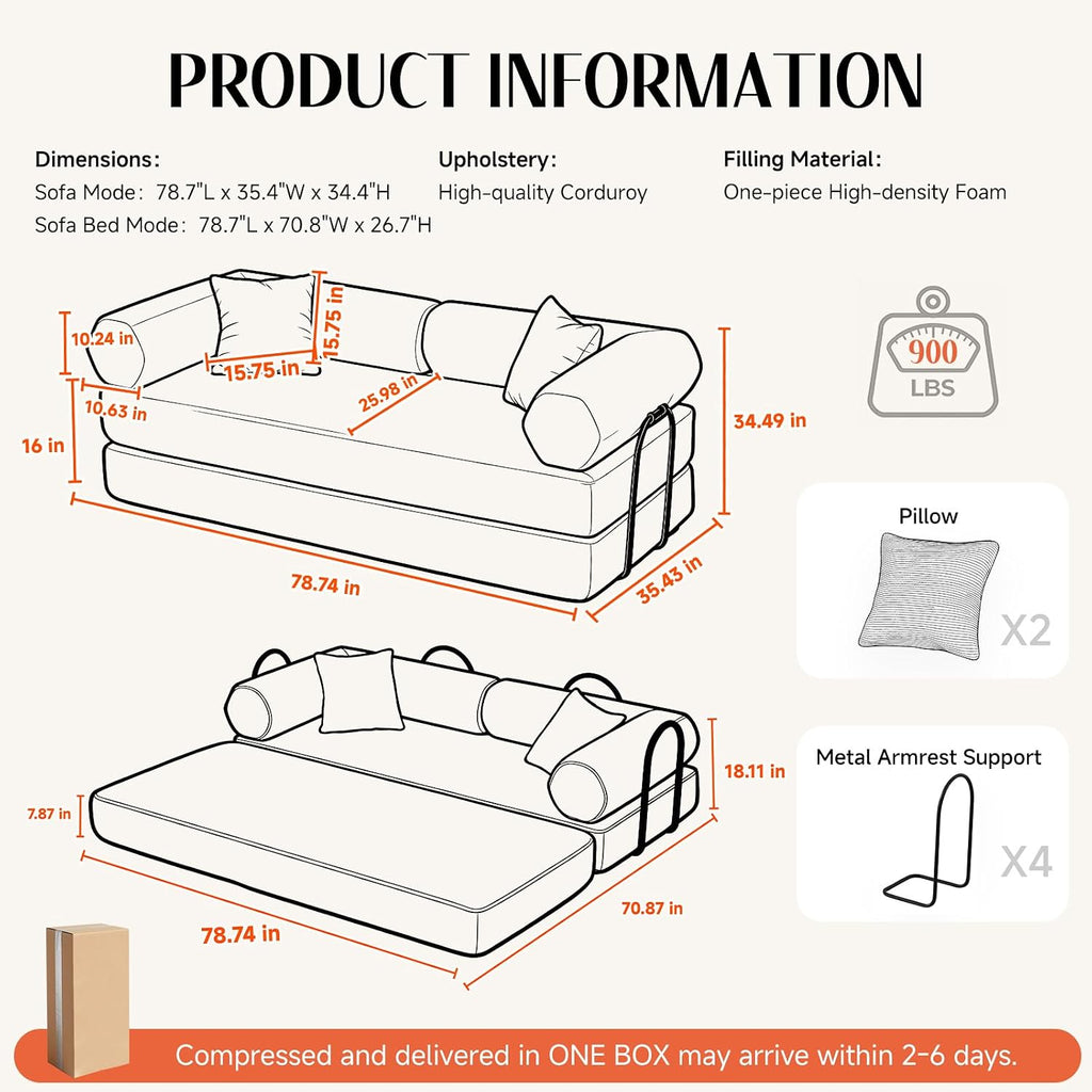 79" Corduroy Sofa Bed, Couch in a Box with 2 Pillows, High-Density Foam 4-in-1 Foldable Sleeper Futon Loveseat for Small Spaces, No Assembly, Side Pockets, Hex Arm Black