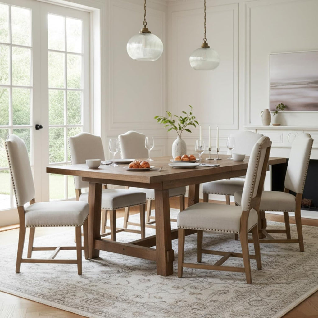 CIMOTA Mid Century Modern Dining Chairs Set of 6, Farmhouse Upholstered Dining Room Chairs Comfortable Kitchen Side Chairs with High Back/Natural Solid Wood Frame, Linen Beige