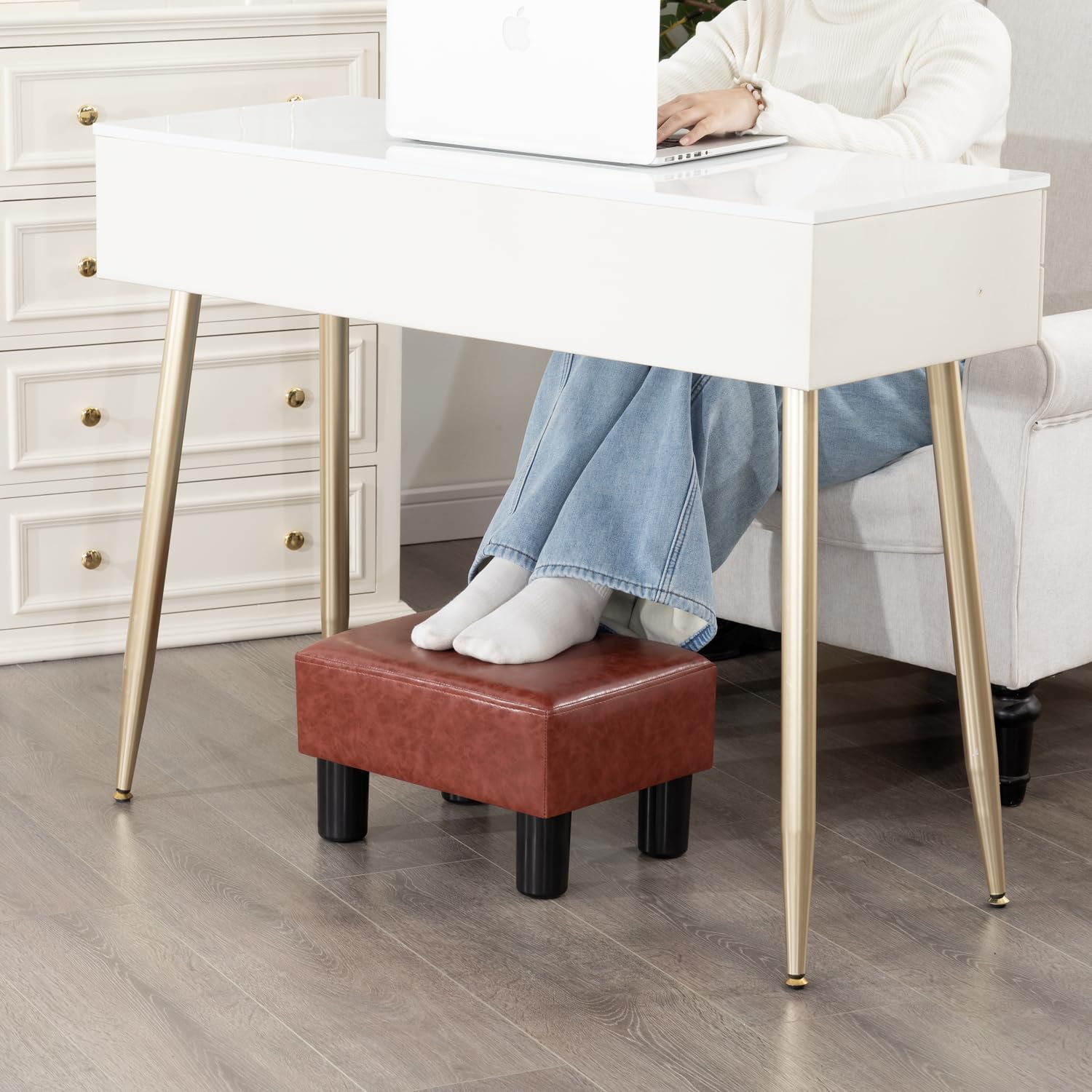 Adeco Leather Foot Stool with Legs, Small Footstool Ottoman, Velet Fabric Seat with Thick Cushion, for Living Room, Bedroom, Entryway, 335 lb Weight Capacity