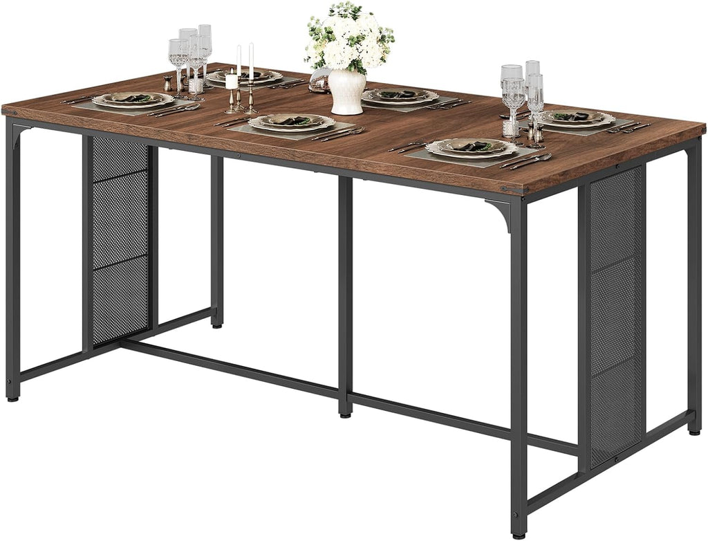 YATINEY Dining Table for 6-8, 63" Large Kitchen Table, Industrial Dining Room Table, Wooden Rectangular Table with Adjustable Feet, for Dinner, Kitchen, Walnut and Black CZ03BH