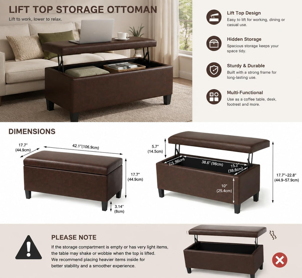 Homebeez 42" Storage Ottoman Bench, Lift Top Faux Leather Storage Bench | with Hidden Compartment, Modern Rectangular End of Bed Bench, for Bedroom Living Room Entryway, Blackened Red