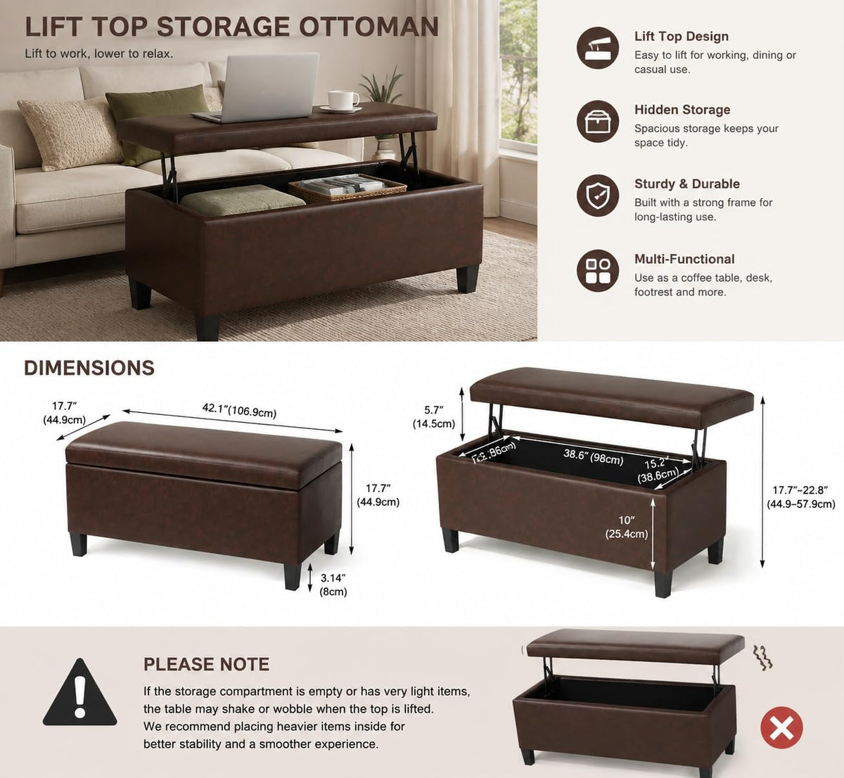 Homebeez 42" Storage Ottoman Bench, Lift Top Faux Leather Storage Bench | with Hidden Compartment, Modern Rectangular End of Bed Bench, for Bedroom Living Room Entryway, Blackened Red