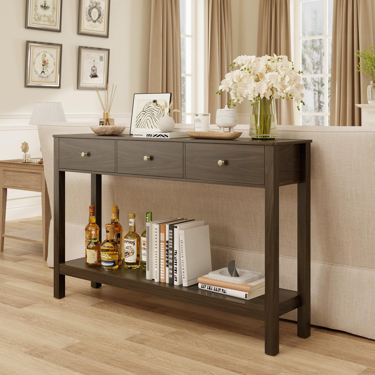 Gizoon Sofa Table with 3 Drawers, Modern Accent Console Table with Open Shelf, Large Storage Space, for Living Room, Front Hall, Entrance Hall, Study Room, Dark Brown