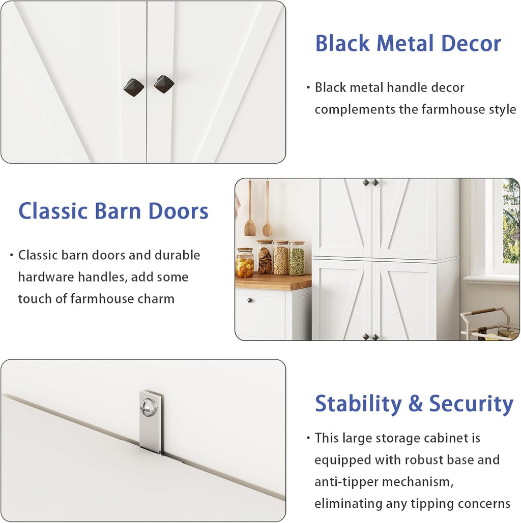 CARPETNAL Farmhouse Pantry Cabinet Set of 2, 72" Tall Wooden Storage Cabinet with 4 Barn Doors & Adjustable Shelf & Square Knobs, Freestanding Kitchen Pantry for Dining Room, Bathroom, White