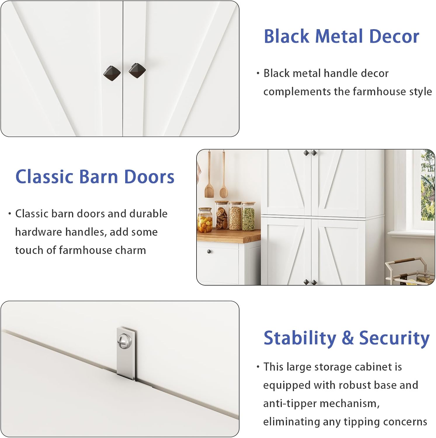 CARPETNAL Farmhouse Pantry Cabinet Set of 2, 72" Tall Wooden Storage Cabinet with 4 Barn Doors & Adjustable Shelf & Square Knobs, Freestanding Kitchen Pantry for Dining Room, Bathroom, White