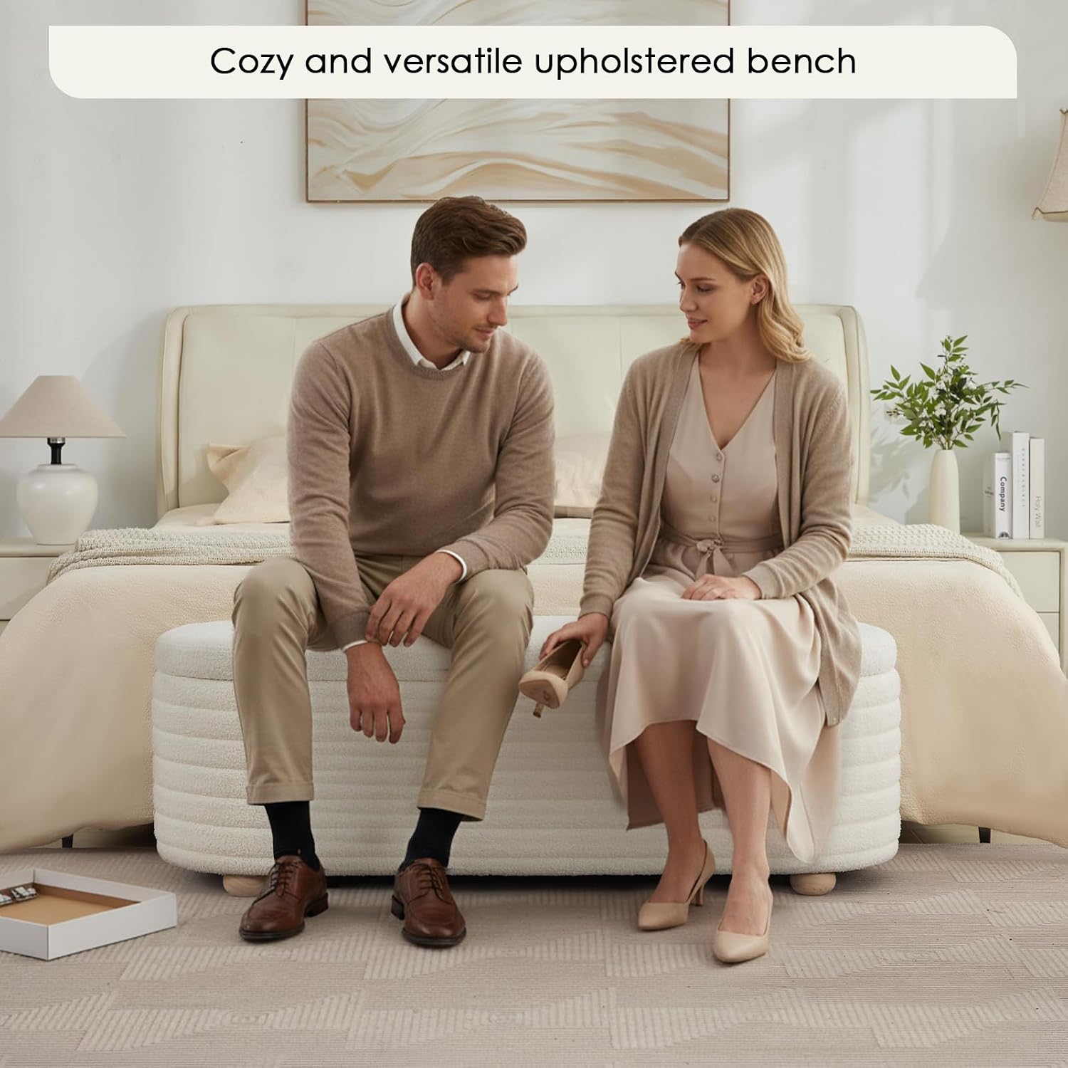 53" Storage Bench Teddy Ottoman Bench Upholstered Fabric Bench End of Bed Stool with Safety Hinge for Bedroom, Living Room, Entryway, White