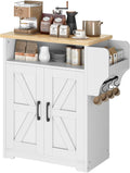 YATINEY Coffee Bar Cabinet, Kitchen Island with Storage, Farmhouse Sideboard Buffet Cabinet with Dual-Purpose Floating Shelf and Hooks, for Kitchen Living Room, White and Natural KF22WN