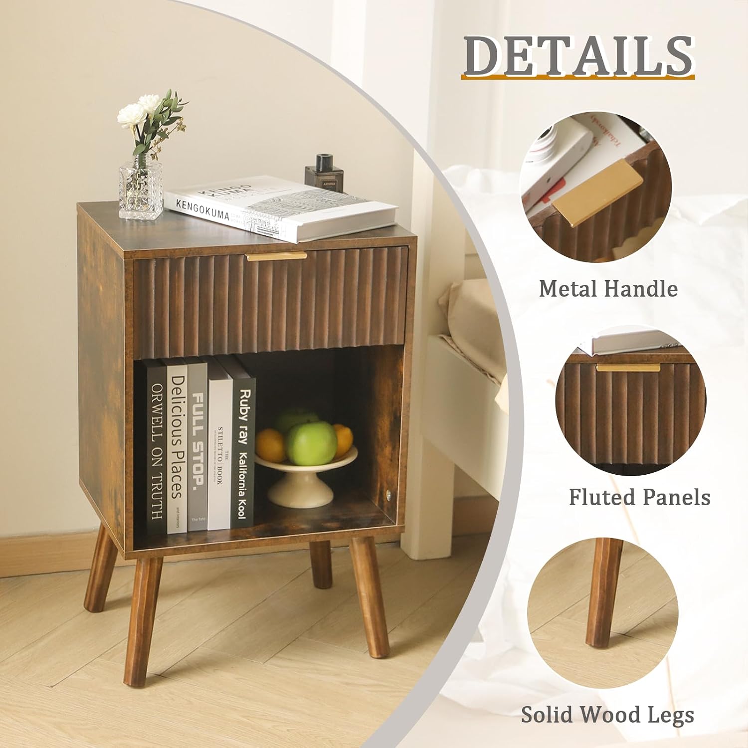 Fultyle Mid Century Modern Nightstand, Wood Bedside Table with Drawer and Open Storage, End Table Living Room Fluted Night Stand with Solid Wood Legs for Bedroom (Rustic Brown)