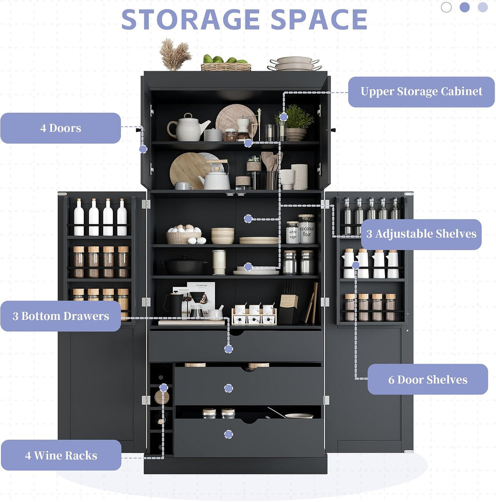 77'' Tall Freestanding Kitchen Pantry, Modern Cupboard Storage with Adjustable Shelves,Door Shelves, Drawers and Wine Racks,for Dining Living Room (Grey-A)