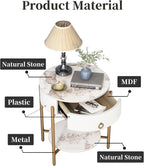 OIOG Round End Table, Nightstand with Storage, Marbling Natural Stone/Gold
