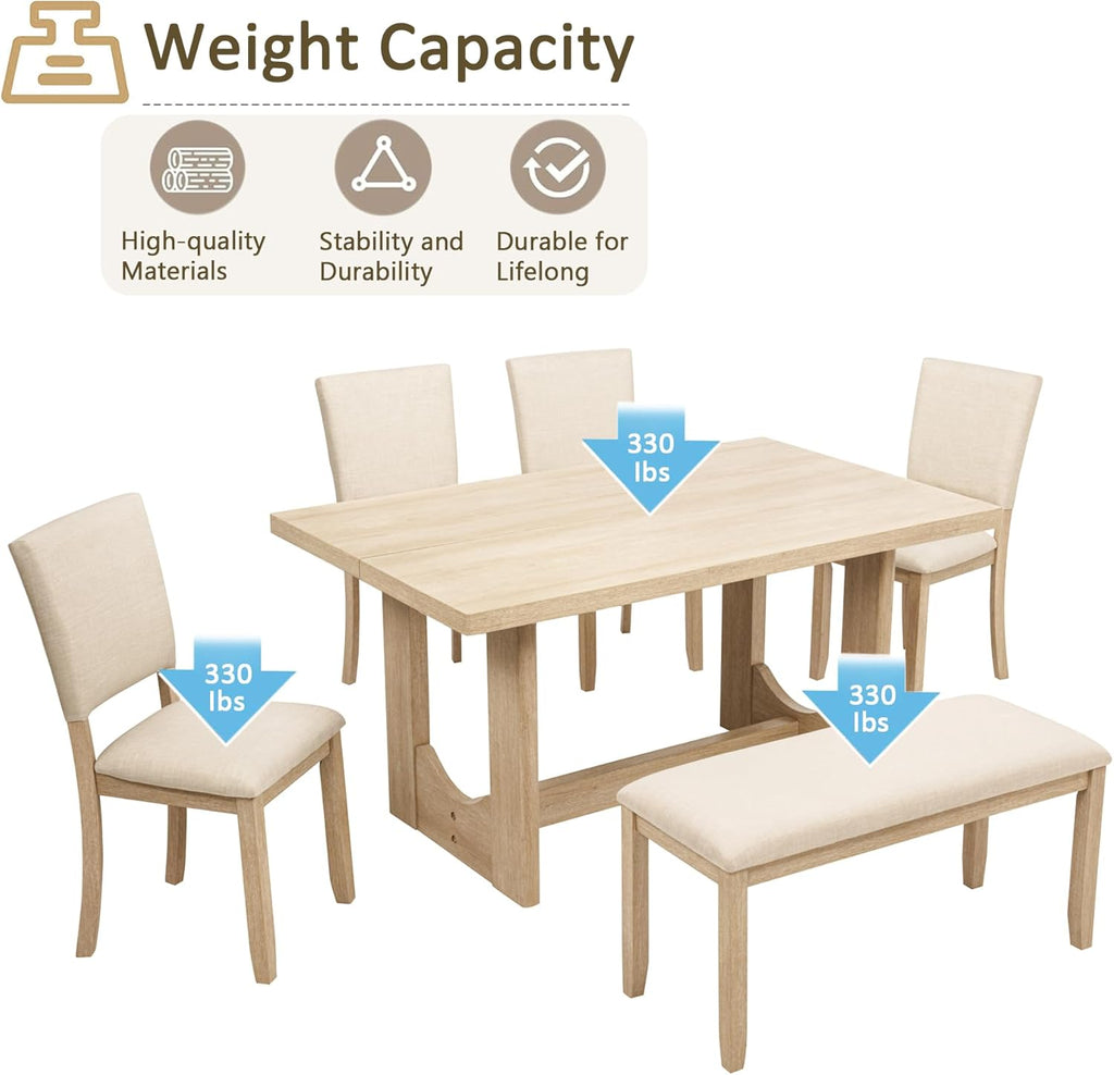 Harper & Bright Designs Modern 6-Piece Dining Table Set with Bench & 4 Upholstered Chairs, Light Oak Rectangular Kitchen Table for 6, U-Shaped Base, Farmhouse Rustic for Dining Room Living Room