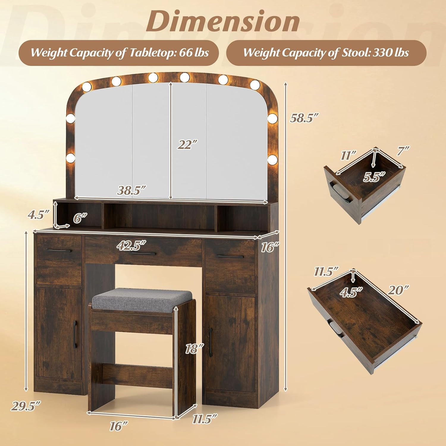 CHARMAID Large Vanity Desk with Arched Mirror and Lights, Vintage Makeup Vanity Table with Charging Station, Storage Drawers & Cabinets, Dressing Table with Stool for Bedroom, Rustic Brown