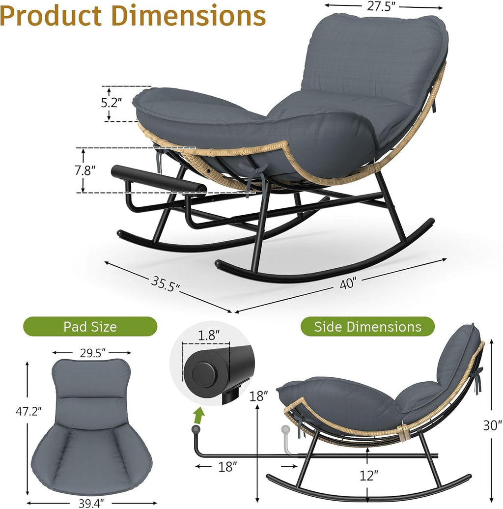 ZENPETIO Papasan Rocking Chair - 500LBS Oversized Rocer with Footrest | Outdoor Papasan Chairs with Thicker Cushion, All-Weather Wicker Rattan Cozy Rocking Chair for Indoor, Balcony, Porch, Garden
