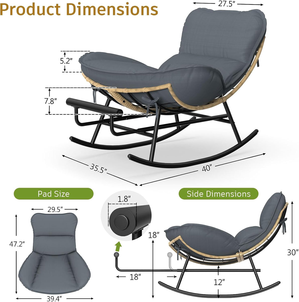 ZENPETIO Papasan Rocking Chair - 500LBS Oversized Rocer with Footrest | Outdoor Papasan Chairs with Thicker Cushion, All-Weather Wicker Rattan Cozy Rocking Chair for Indoor, Balcony, Porch, Garden