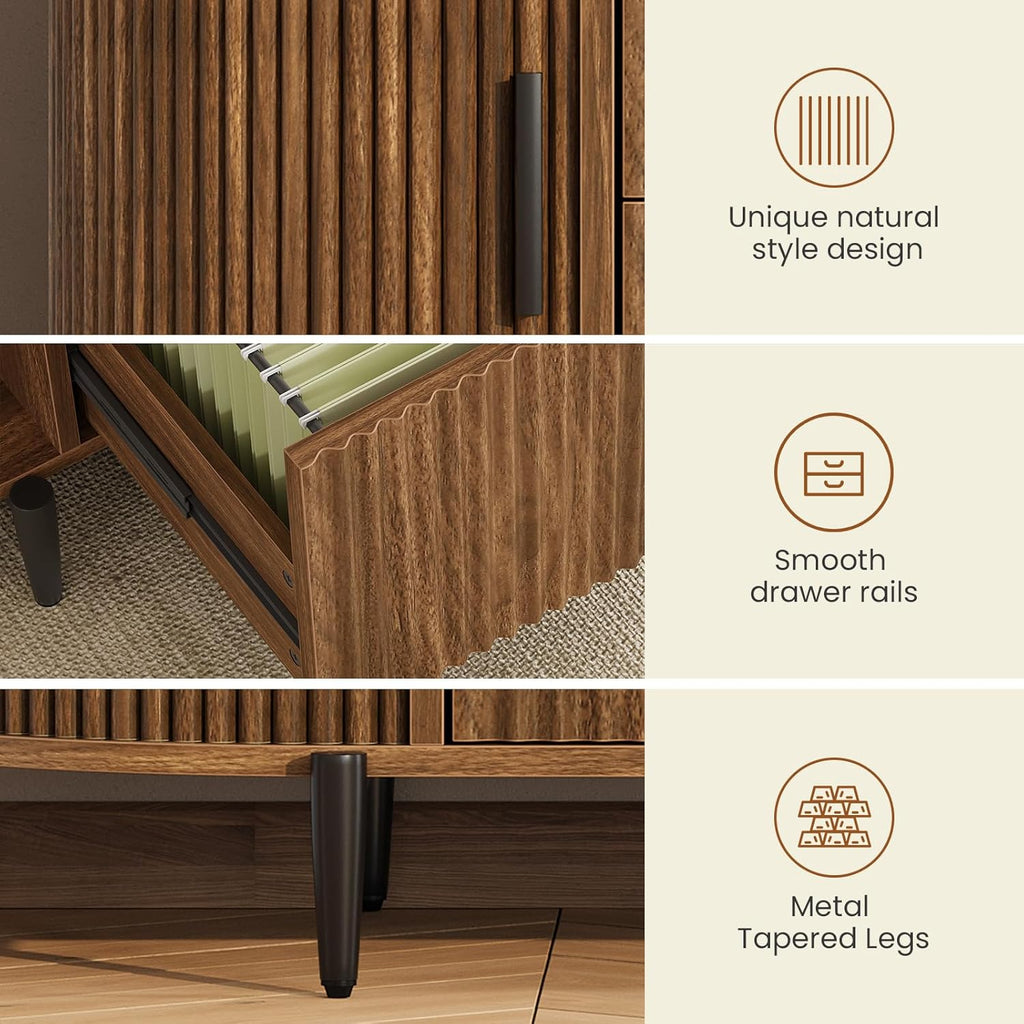 SEDETA Fluted 2 Drawer File Cabinet with 2 Sliding Door for Home Office | 39.4" Filing Cabinet for Home Office,fit Legal/Letter/A4 Siz,Modern File Cabinet with 2 Drawers,Printer Stand,Brown