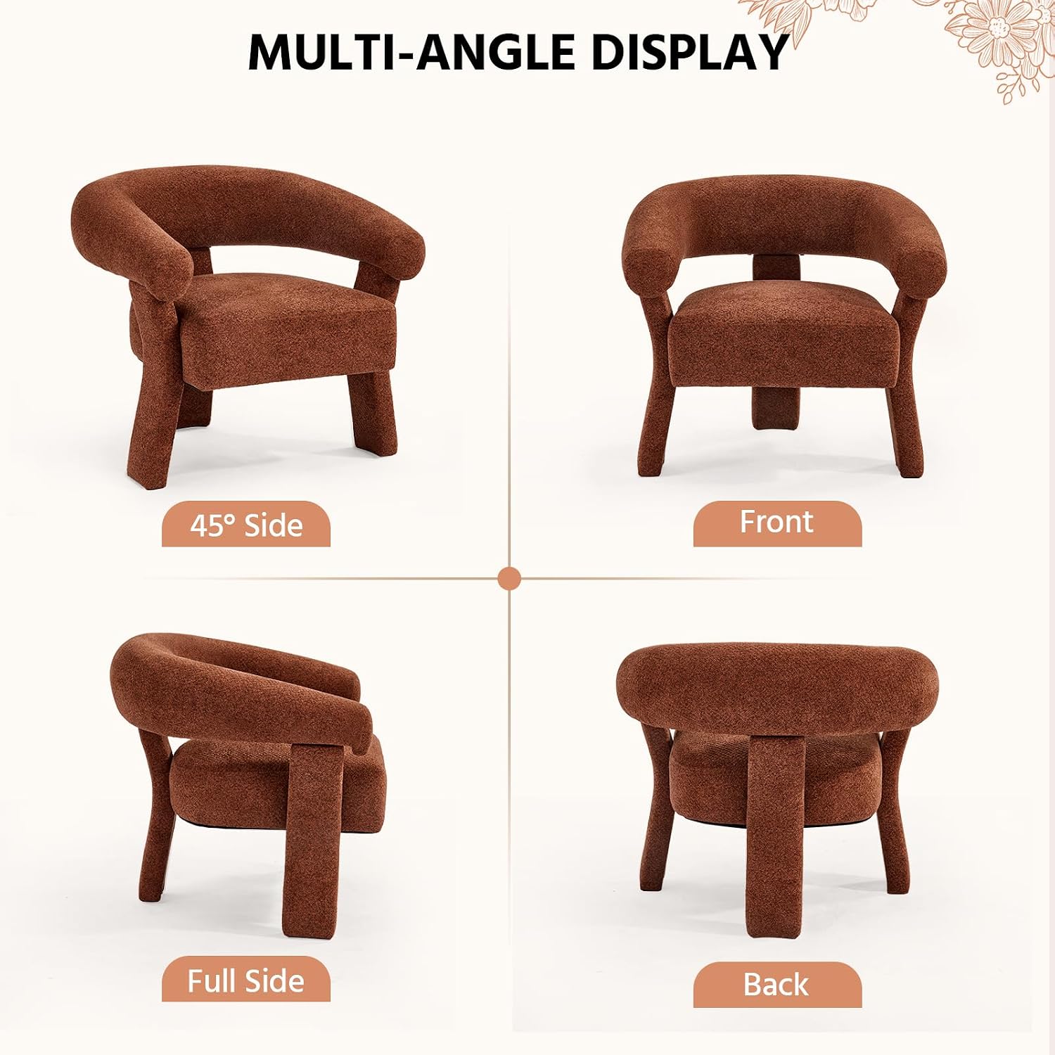 ANJ Modern Chenille Accent Chair, Barrel Armchair with Solid Wood Legs & Curved Backrest, Modern Arm Chair with Upholstered Fabric for Living Room & Vanity Room, Orange