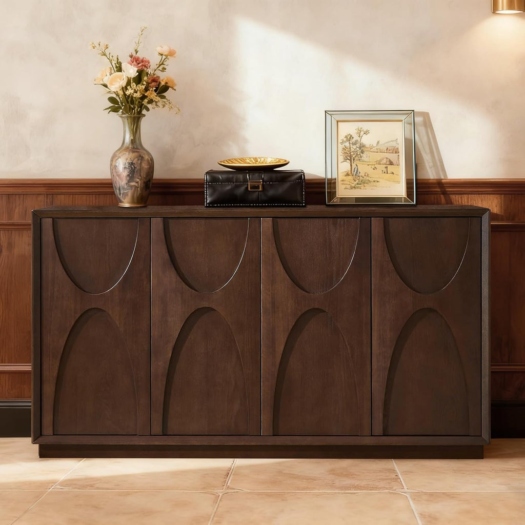 59" Sideboard Buffet Cabinet with Storage, Mid-Century Modern Sculpted Door Design Buffet Sideboard Accent Credenza with Adjustable Shelves for Living Room Kitchen Hallway (Walnut)