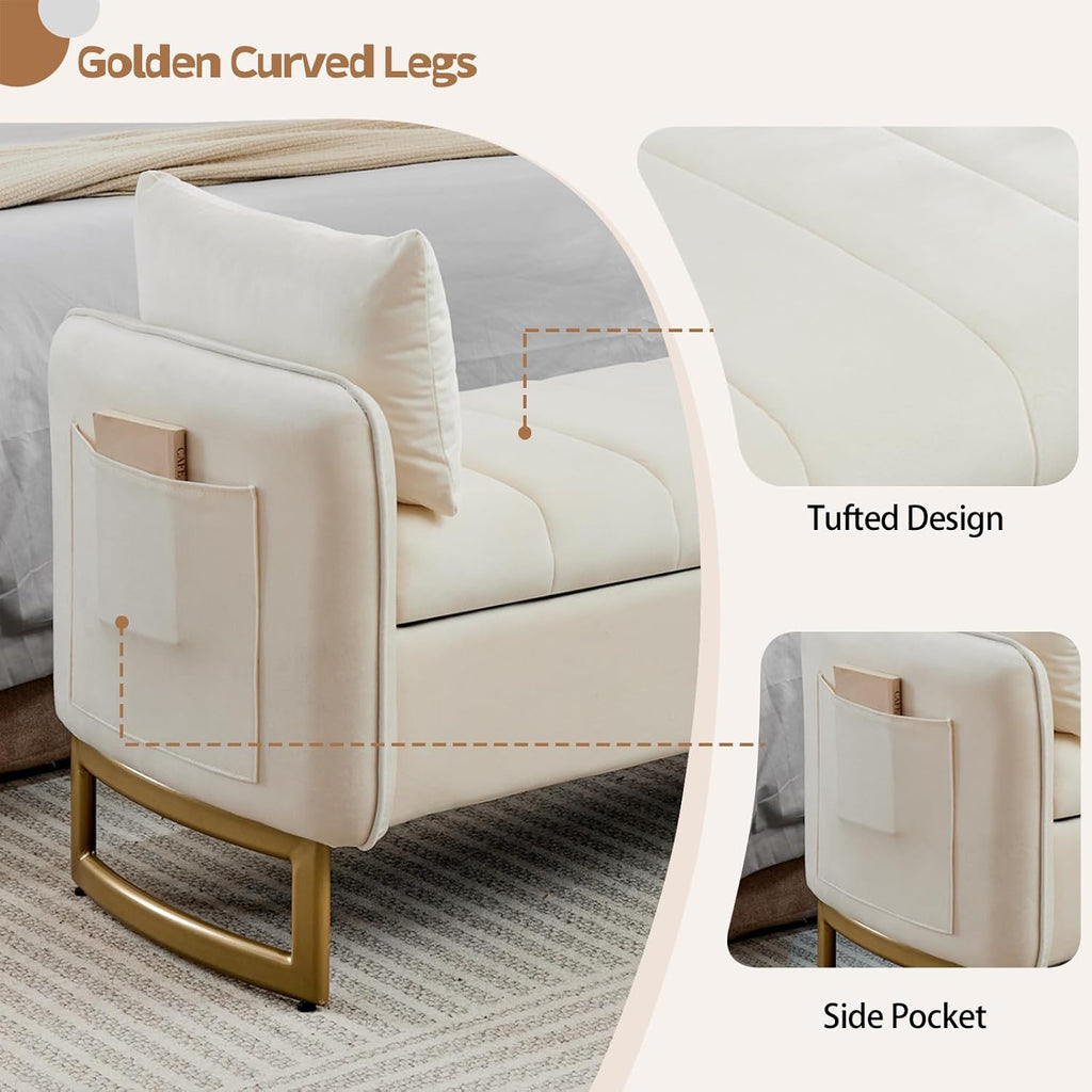 66" End of Bed Storage Bench King Size, Velvet Storage Benches for Bedroom Foot of Bed, Upholstered Storage Ottoman Bench with Golden Legs and Pillow for Living Room Window Entryway, Cream