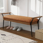 DUOMAY Modern Rectangle Ottoman Bench with Arms and Metal Legs, Mid Century PU Dining Table Bench Footstool Entryway Shoe Bench for Dining Room Bedroom Living Room, Brown