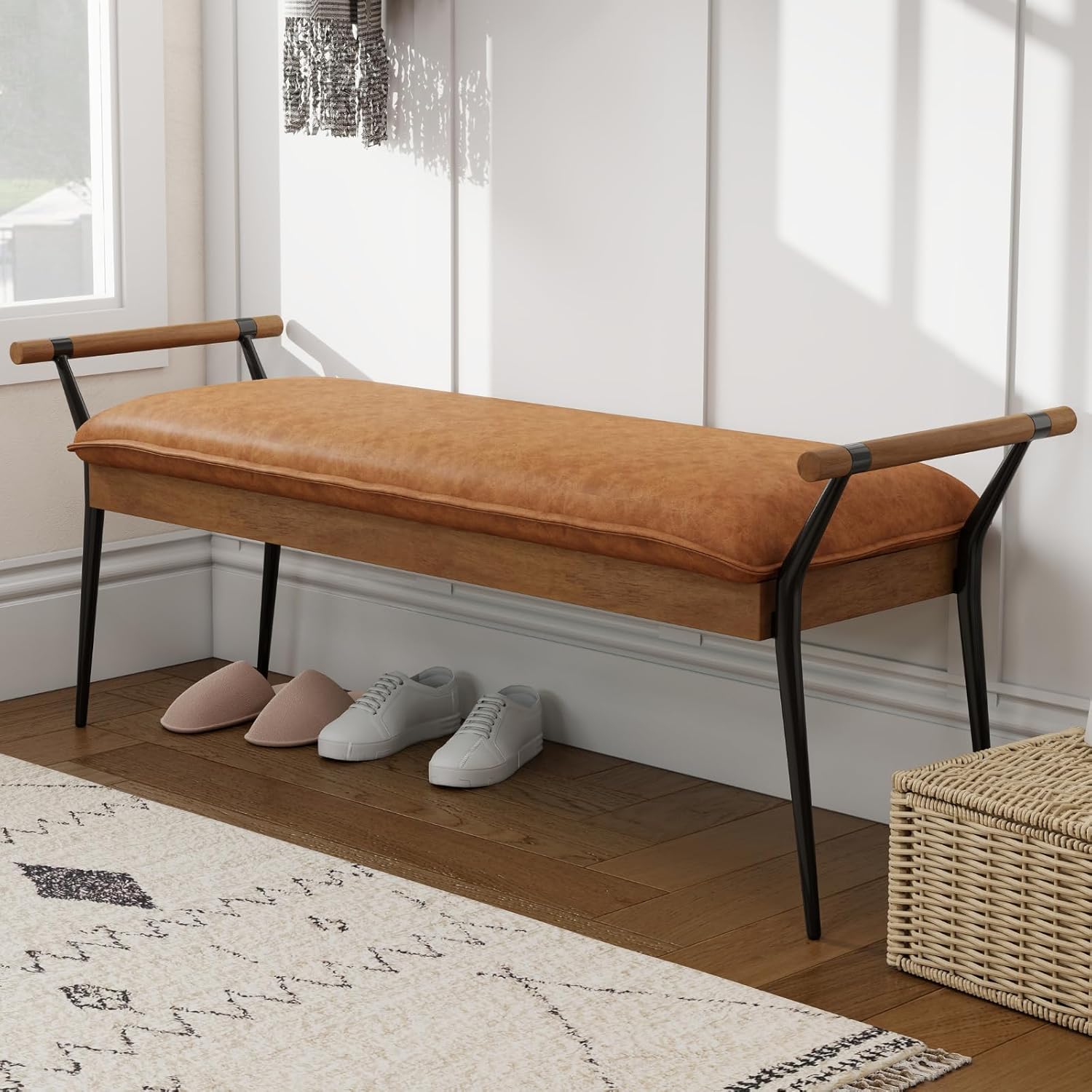 DUOMAY Modern Rectangle Ottoman Bench with Arms and Metal Legs, Mid Century PU Dining Table Bench Footstool Entryway Shoe Bench for Dining Room Bedroom Living Room, Brown