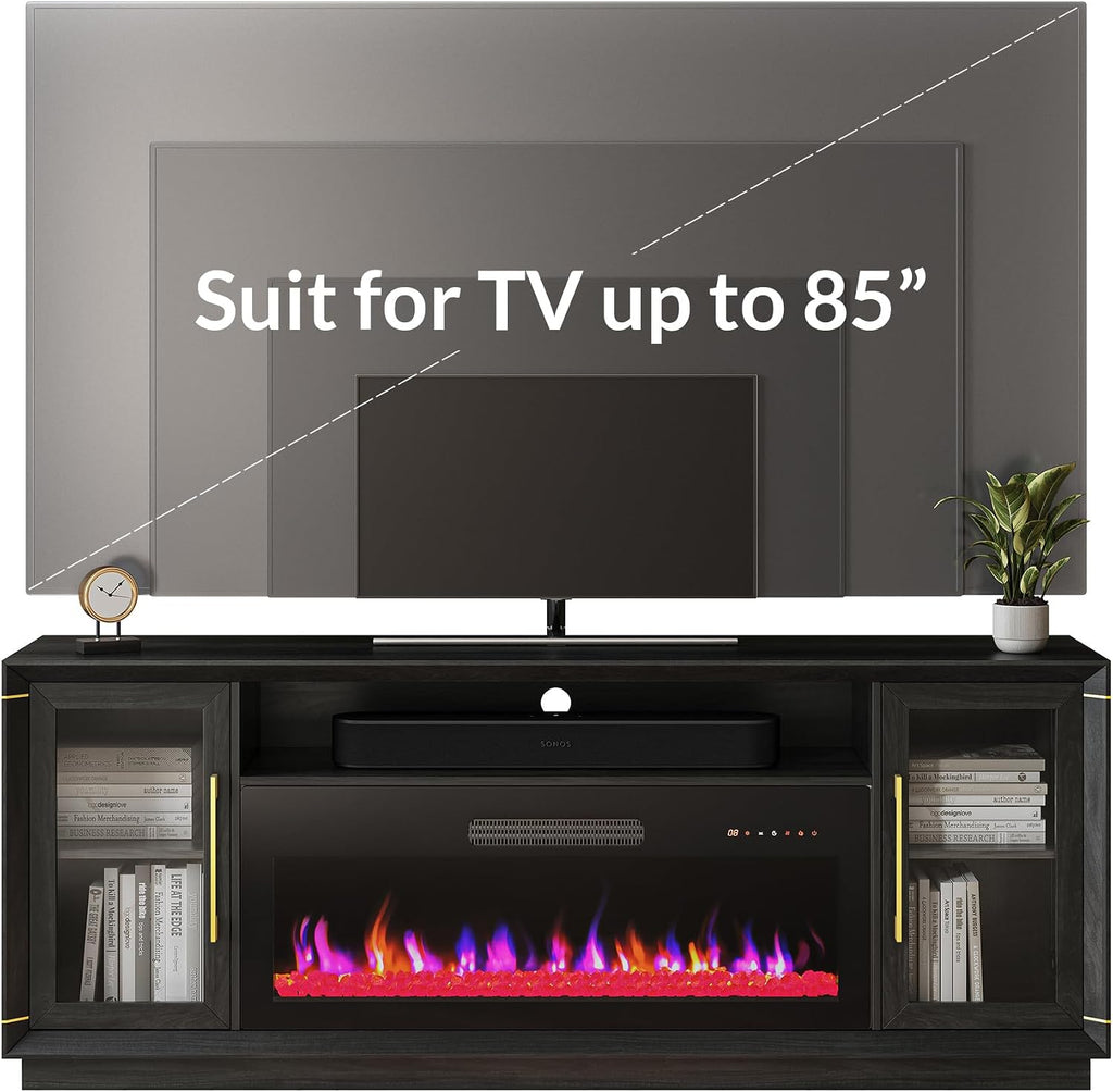 BELLEZE 74" Extra Large TV Stand for TVs Up to 85", Media Console Table with 42" Electric Fireplace Heater, Entertainment Center with Storage Cabinets for Living Room - Black Ebony