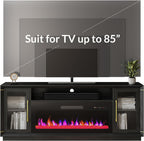 BELLEZE 74" Extra Large TV Stand for TVs Up to 85", Media Console Table with 42" Electric Fireplace Heater, Entertainment Center with Storage Cabinets for Living Room - Black Ebony