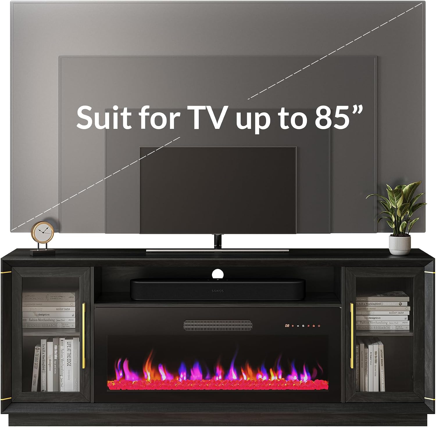 BELLEZE 74" Extra Large TV Stand for TVs Up to 85", Media Console Table with 42" Electric Fireplace Heater, Entertainment Center with Storage Cabinets for Living Room - Black Ebony