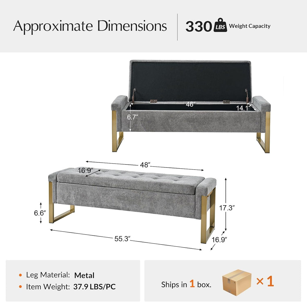 Modern Storage Ottoman Bench with Gold Metal Legs Upholstered Footrest End-of-Bed Bench with Hidden Storage, Hallway and Entryway Grey