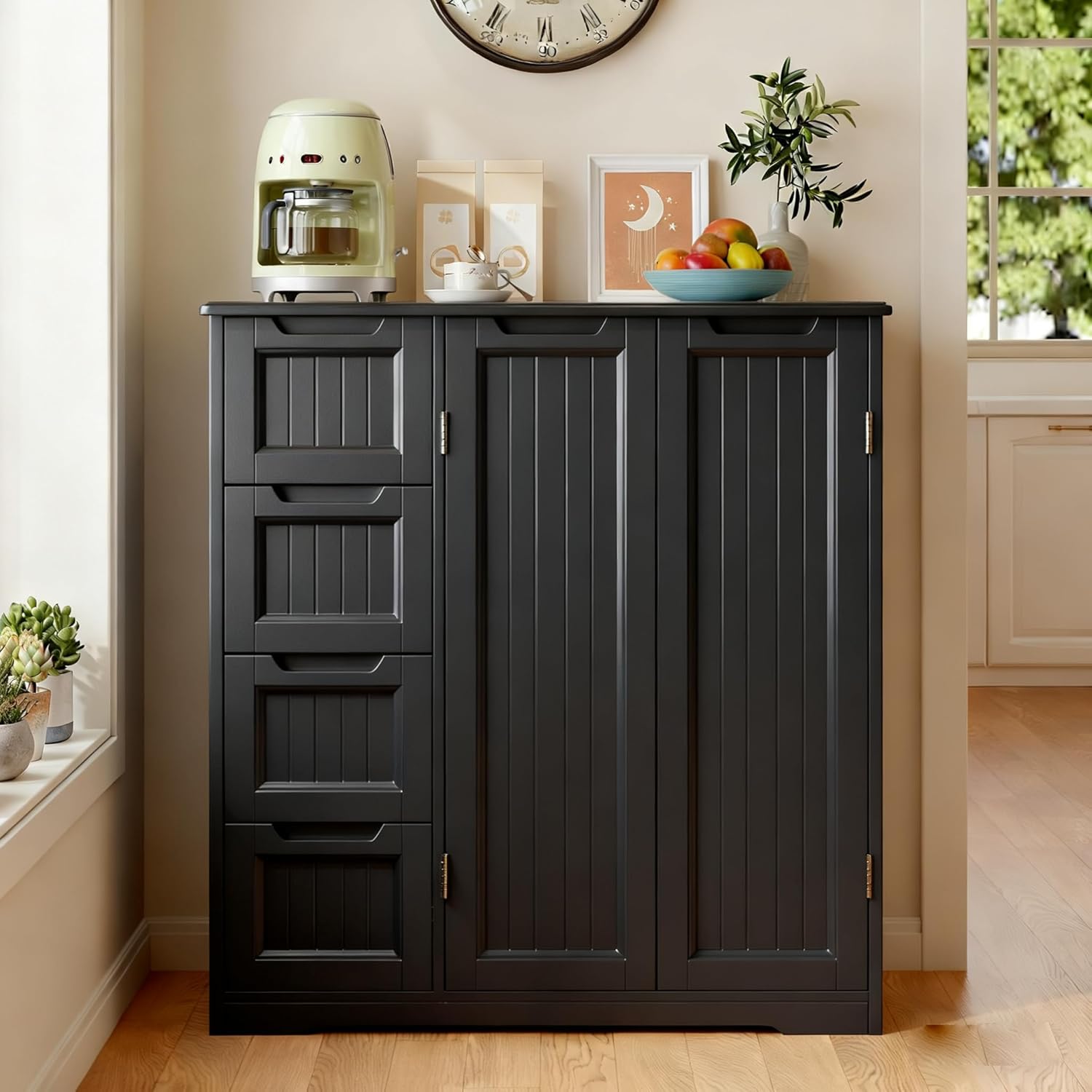 Gizoon Wooden Bathroom Floor Cabinet, Side Storage Organizer Cabinet with 4 Drawers & Double Doors, Freestanding Entryway Storage Unit Console Table, Bathroom Living Room Dining Kitchen, Black