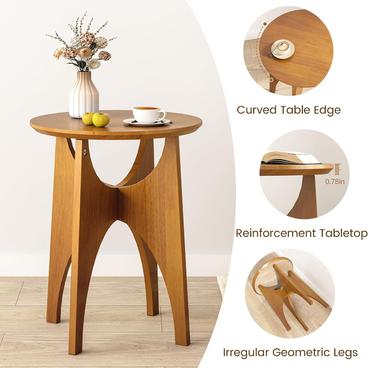 Round Side Table Living Room, Solid Wood End Table, Mid Century Modern Small Coffee Side Tables for Small Spaces, Farmhouse Accent Tables, Round Nightstand for Living Room, Bedroom Office, Walnut