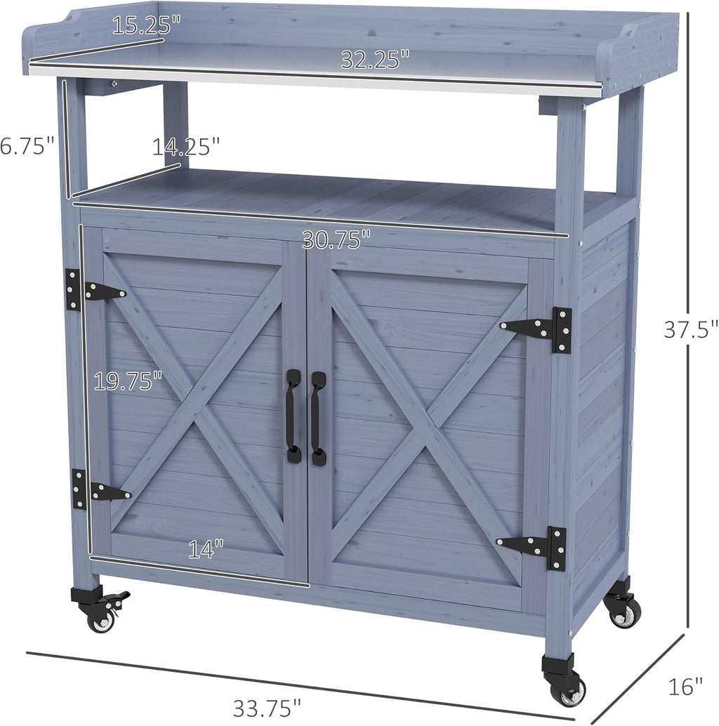 34" Rustic Freestanding Storage Chest, Accent Cabinets with Braked Wheels, Utility Organizer with Rust-Resistant Top for Patio, Gray
