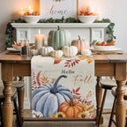 Thanksgiving Fall Cotton Linen Table Runner for Dining Kitchen, Blue Pumpkins Rustic Wedding Outdoor Party Autumn Tablerunners Decoration, Leaves Dresser Scarf Coffee Tablecloth Runners 13x90 Inches